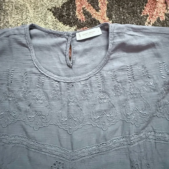 LUCKY BRAND Embroidered Pintucks Eyelet Relaxed Fit Blouse Top - Picture 4 of 9